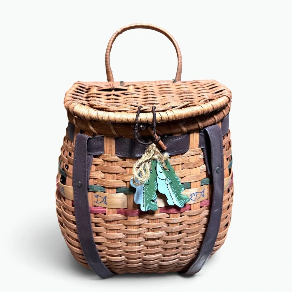 Handcrafted Woven Split Oak Fishing Creel Basket Backpack Cabin Decor